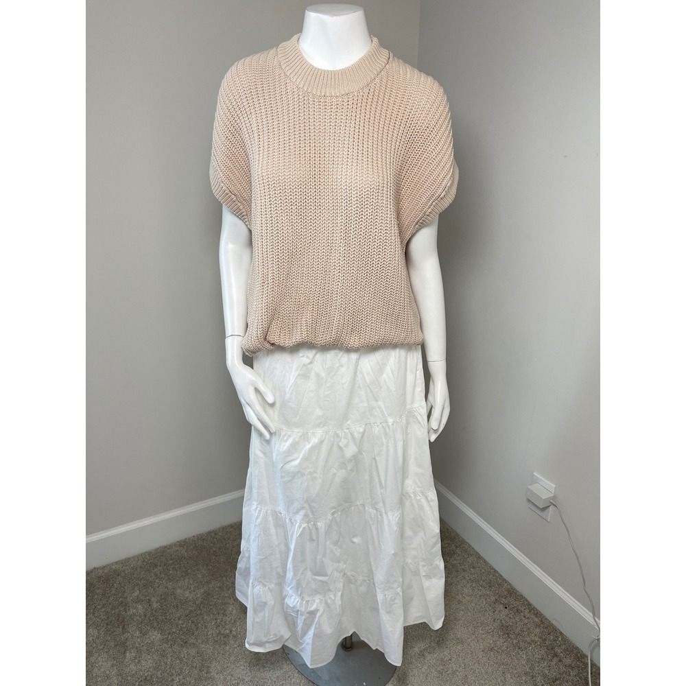 Evereve Mixed Media Maxi Dress Tan Chunky Knit Sweater White Tiered Skirt M
